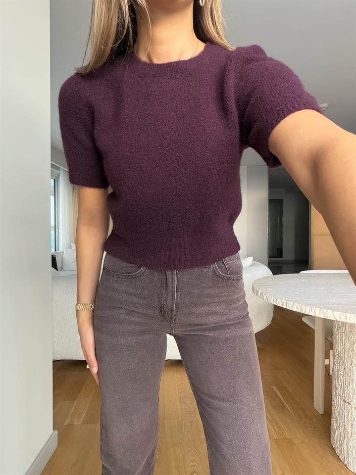 Dilvin Bisiklet Yaka Kısa Kollu Triko - Koyu Bordo