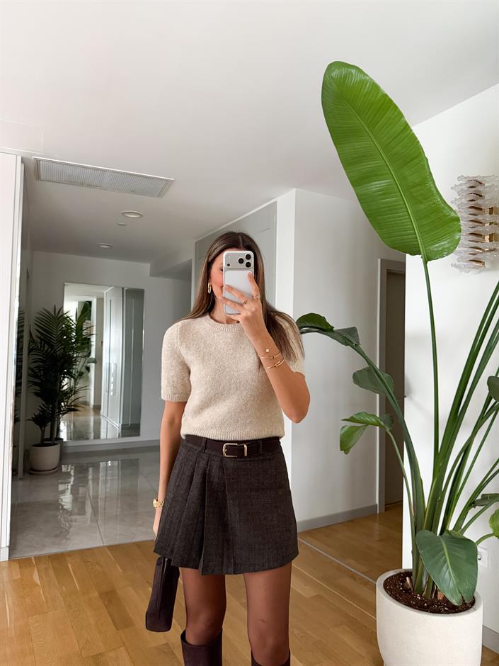 Dilvin Bisiklet Yaka Kısa Kollu Triko - Açık Bej 