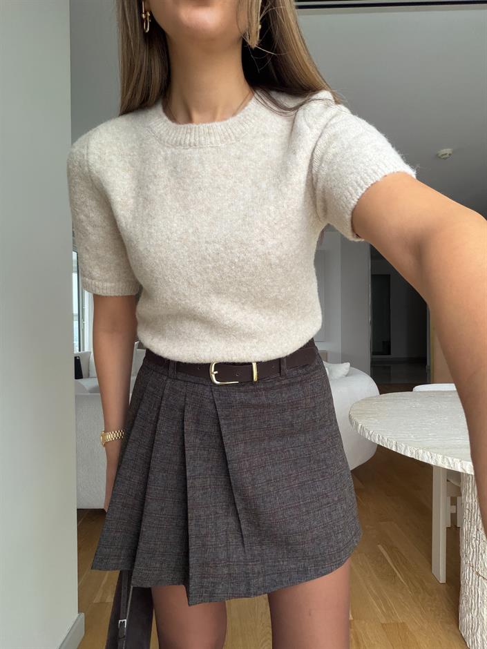 Dilvin Bisiklet Yaka Kısa Kollu Triko - Açık Bej 