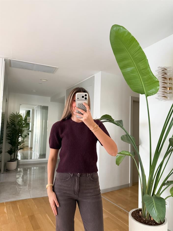 Dilvin Bisiklet Yaka Kısa Kollu Triko - Koyu Bordo