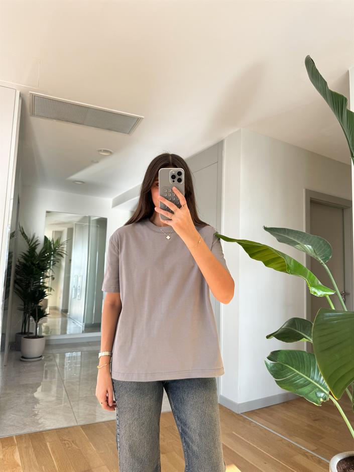 Dilvin Dekoratif Dikişli Bisiklet Yaka Tişört- Gri