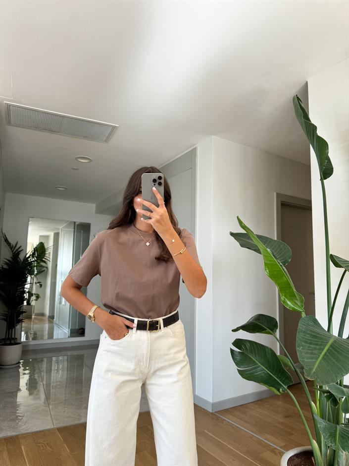 Dilvin Dekoratif Dikişli Bisiklet Yaka Tişört-Vizon