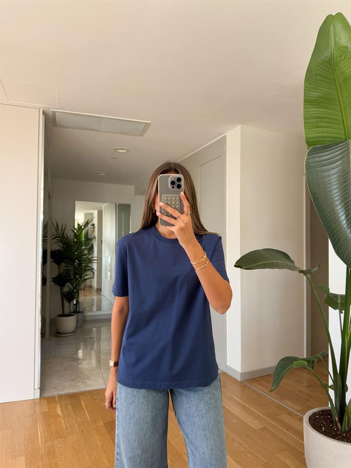 Dilvin Dekoratif Dikişli Bisiklet Yaka Tişört - İndigo