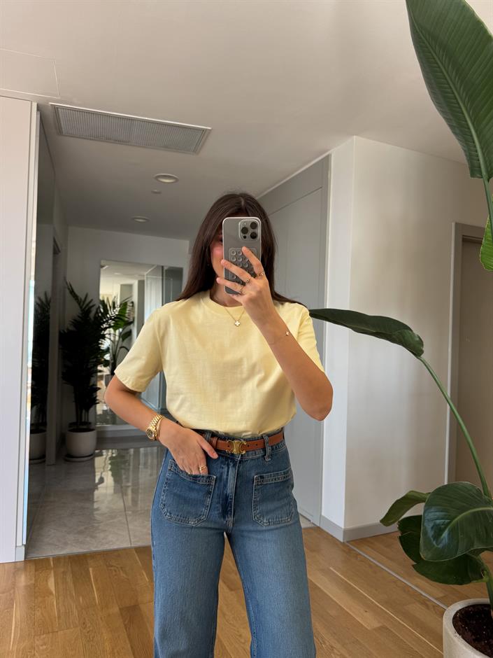 Dilvin Dekoratif Dikişli Bisiklet Yaka Tişört- Açık Sarı