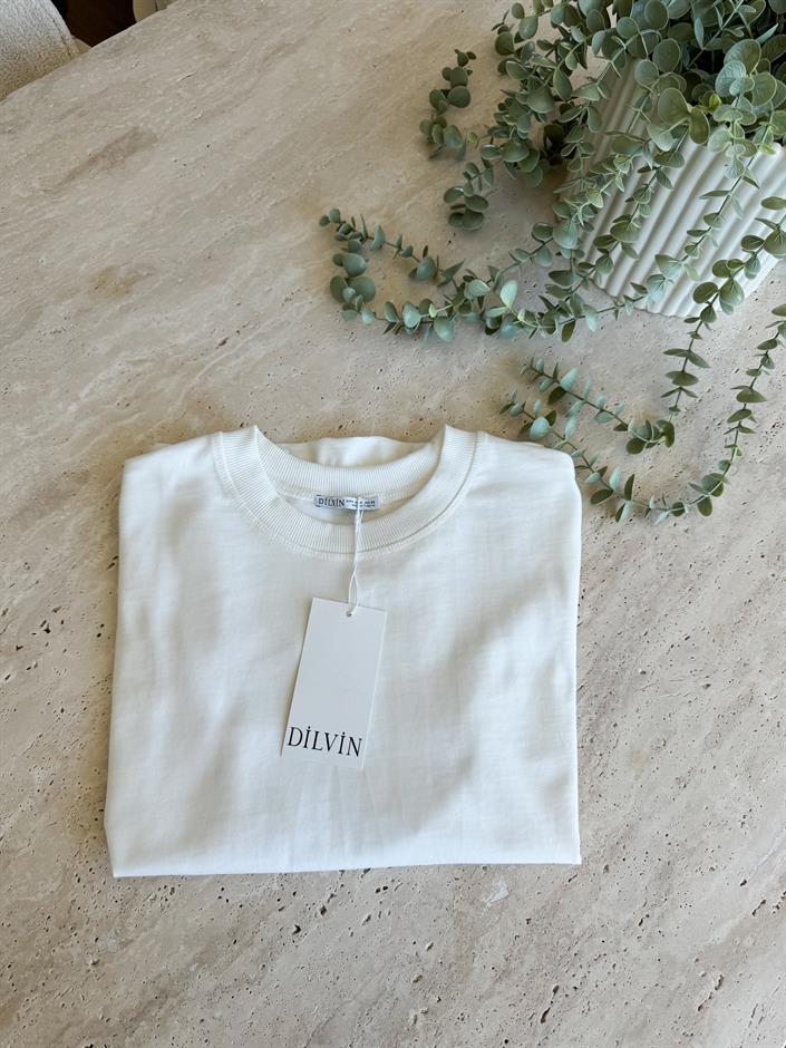 Dilvin Dekoratif Dikişli Bisiklet Yaka Tişört-Ekru