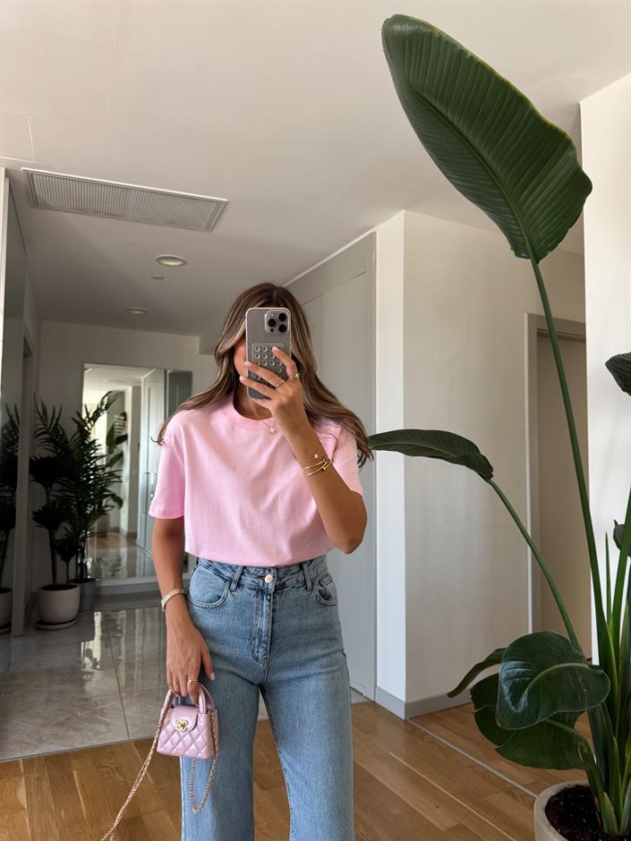 Dilvin Dekoratif Dikişli Bisiklet Yaka Tişört - Açık Pembe