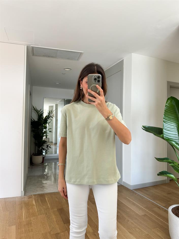 Dilvin Dekoratif Dikişli Bisiklet Yaka Tişört-Mint Yeşili