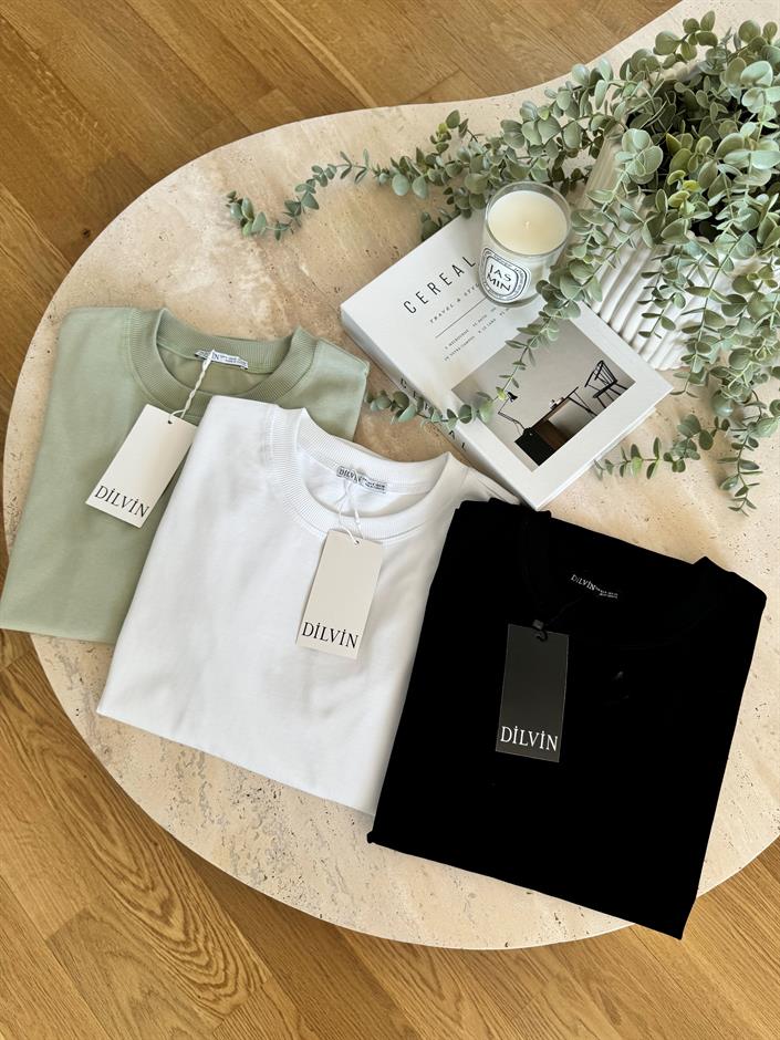 Dilvin Dekoratif Dikişli Bisiklet Yaka Tişört-Mint Yeşili