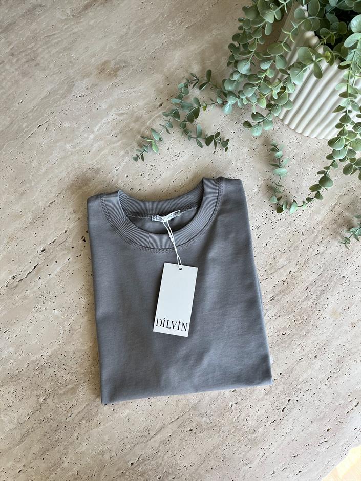 Dilvin Dekoratif Dikişli Bisiklet Yaka Tişört- Gri