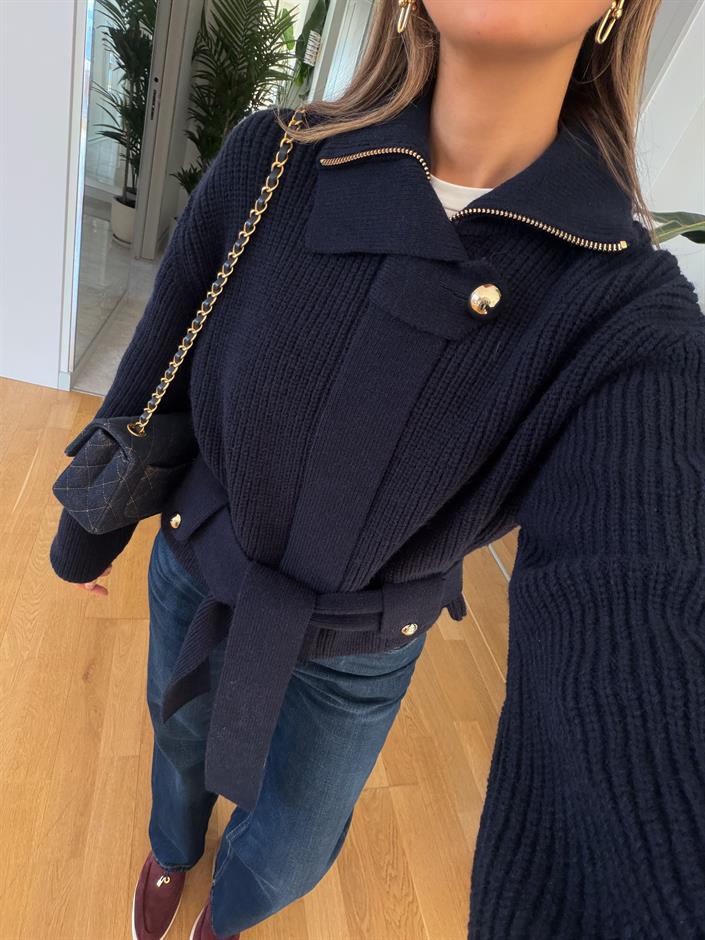 Dilvin Fermuarlı Ve Kemerli Triko Hırka- Lacivert