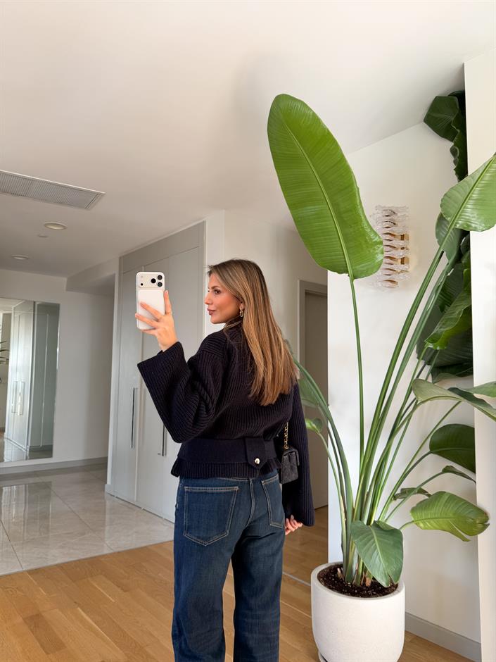 Dilvin Fermuarlı Ve Kemerli Triko Hırka- Lacivert