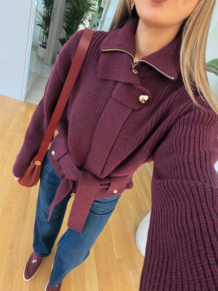 Dilvin Fermuarlı Ve Kemerli Triko Hırka - Bordo