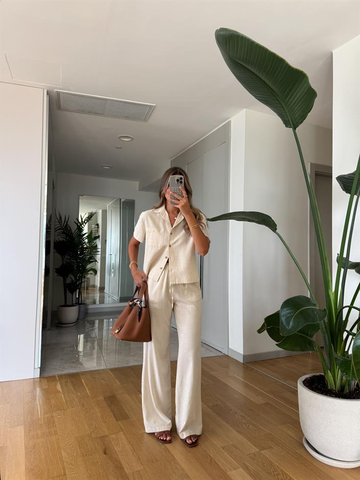 Dilvin Gömlek Pantolon Takım - Ekru