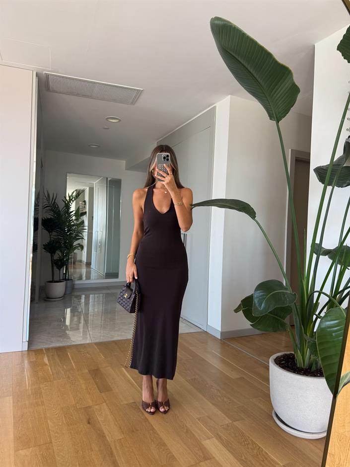 Dilvin Halter Yaka Midi Elbise -Koyu Kahve