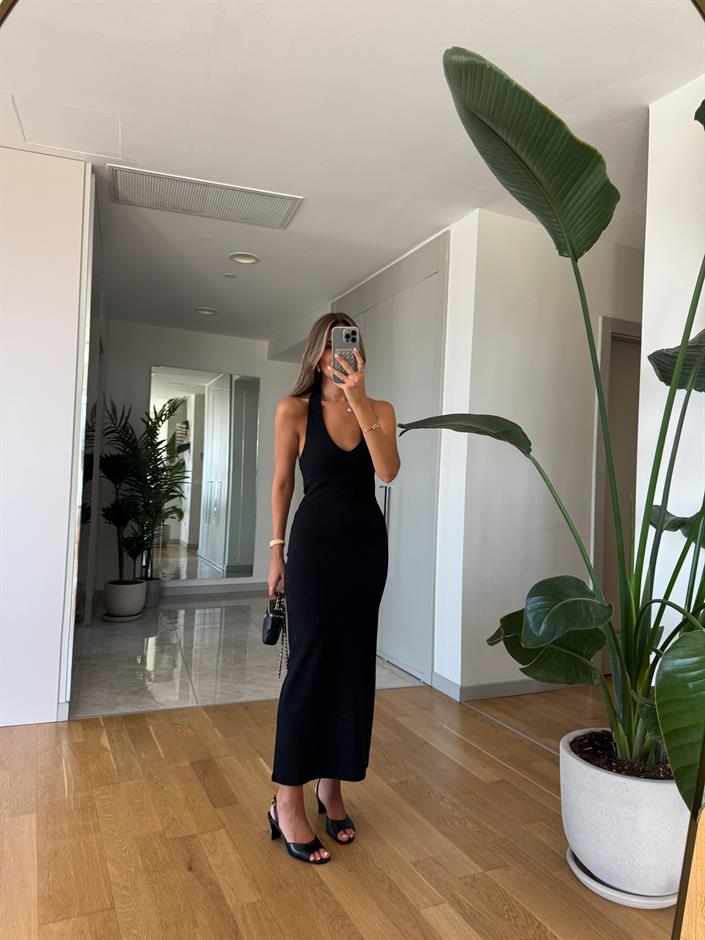 Dilvin Halter Yaka Midi Elbise - Siyah