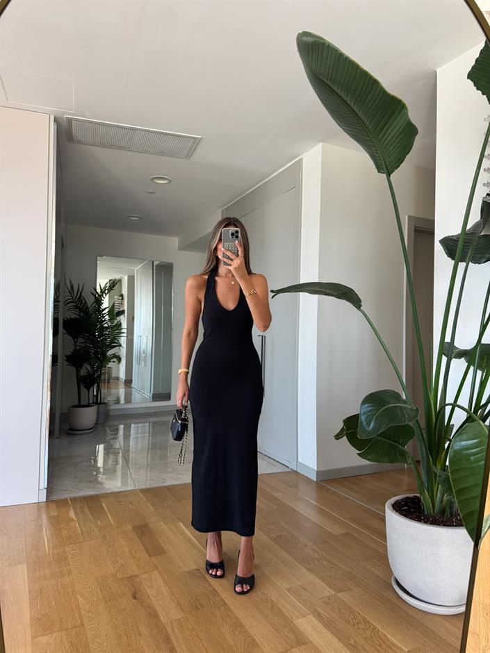 Dilvin Halter Yaka Midi Elbise - Siyah