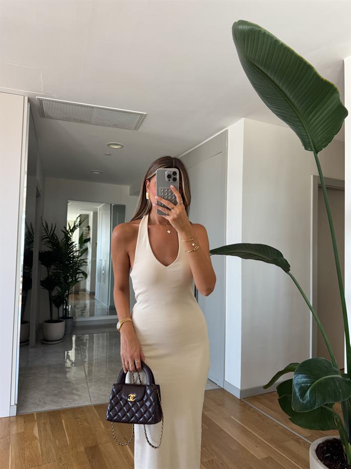 Dilvin Halter Yaka Midi Elbise - Taş