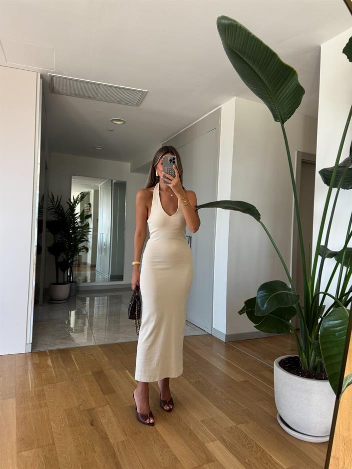 Dilvin Halter Yaka Midi Elbise - Taş
