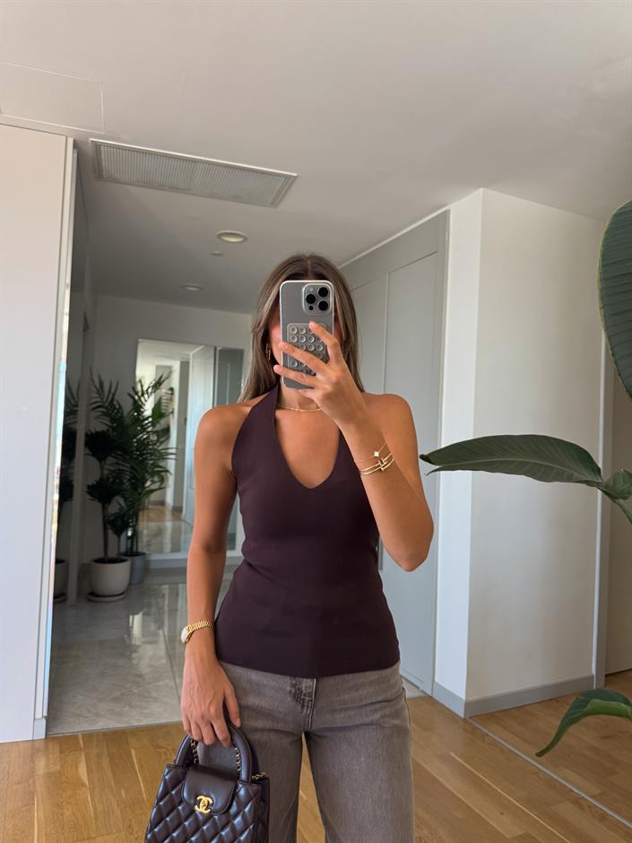 Dilvin Halter Yaka Triko Bluz - Kahve