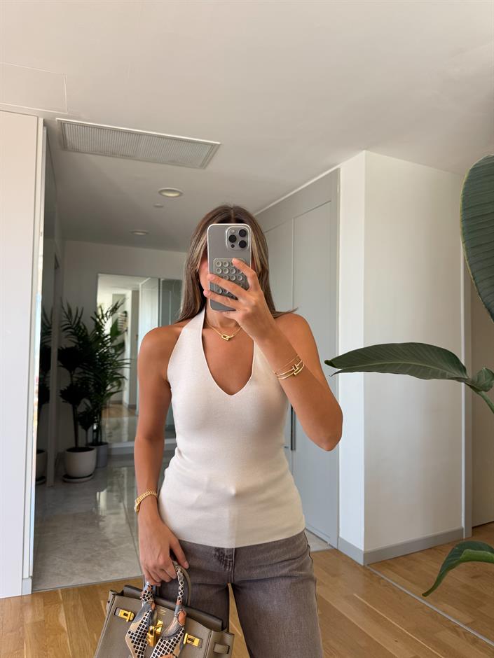 Dilvin Halter Yaka Triko Bluz - Taş