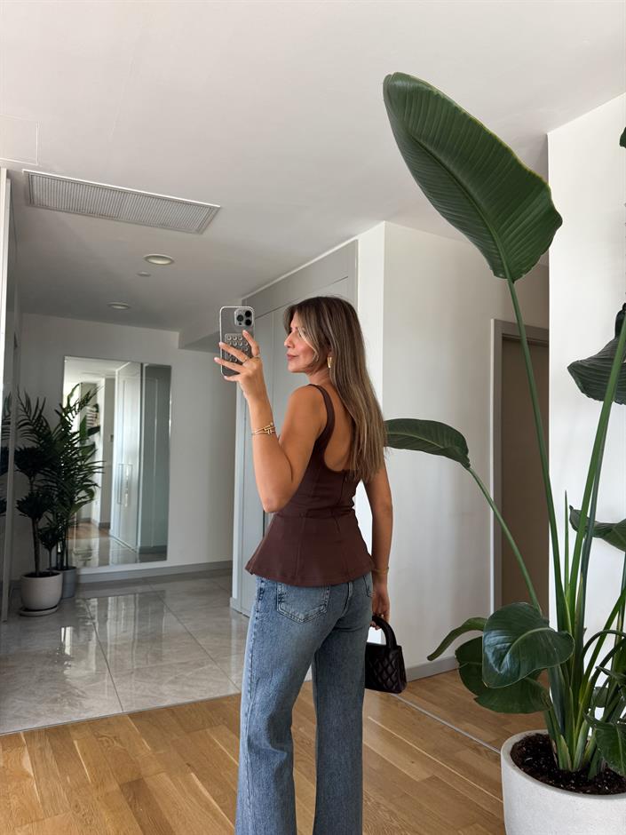 Dilvin Kalın Askılı Peplum Top -Kahve