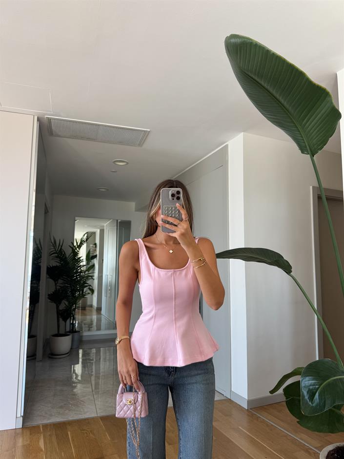 Dilvin Kalın Askılı Peplum Top -Pembe