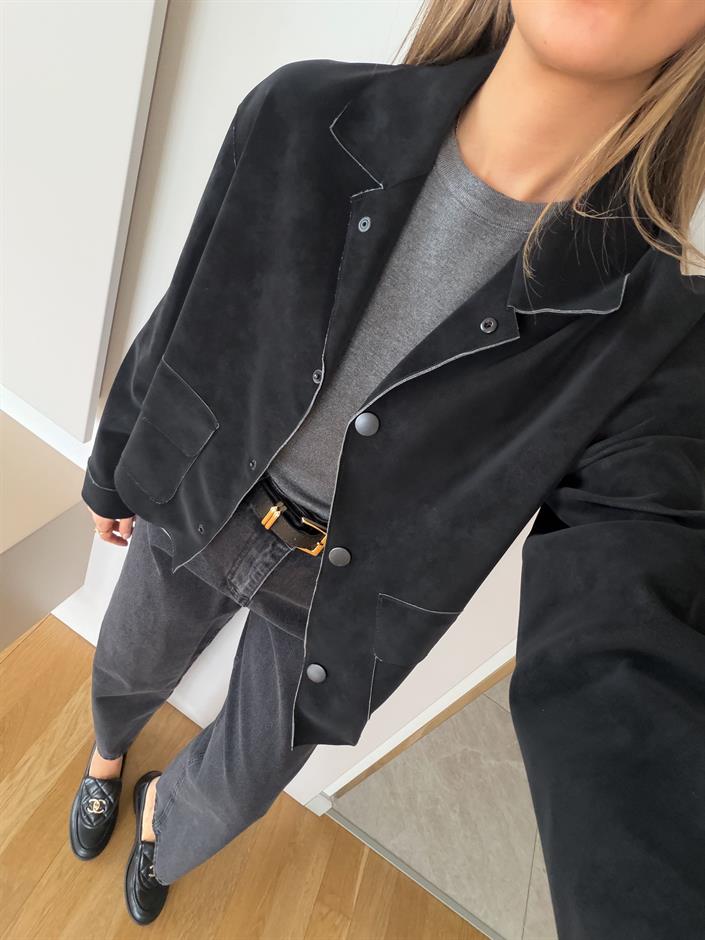 Dilvin Kapak Cepli Süet Ceket - Siyah