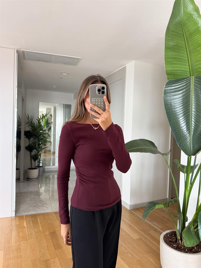 Dilvin Kayık Yaka Drapeli Basic - Bordo