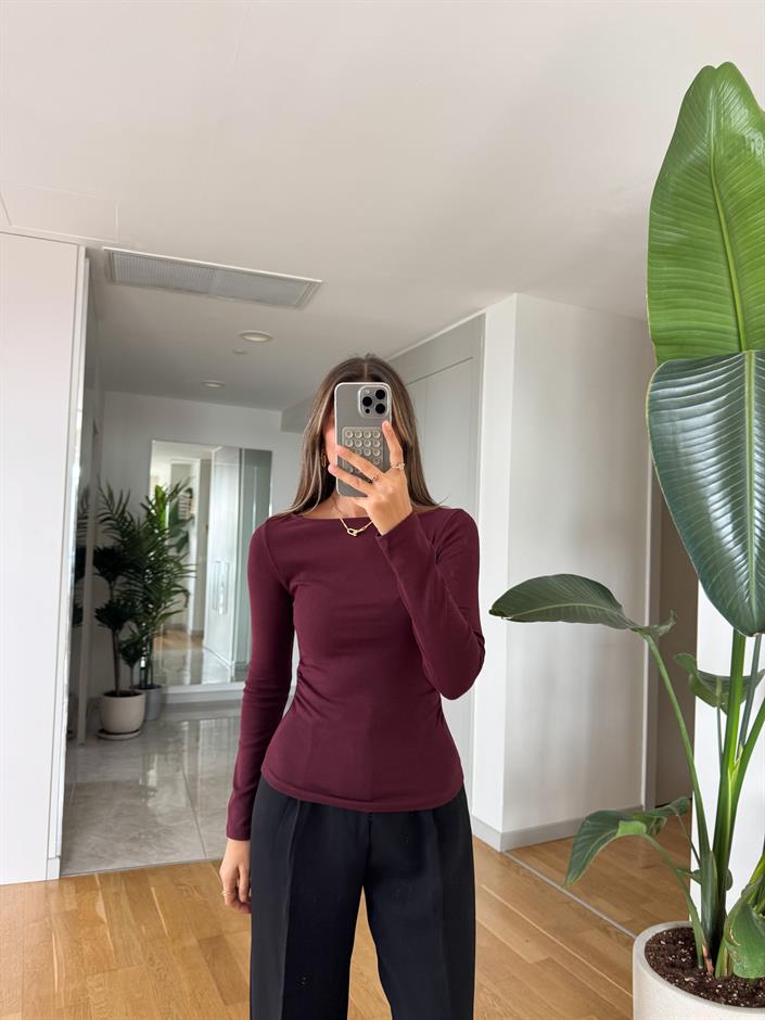 Dilvin Kayık Yaka Drapeli Basic - Bordo