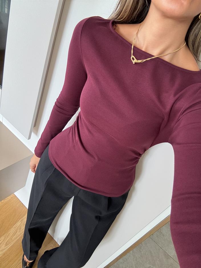 Dilvin Kayık Yaka Drapeli Basic - Bordo