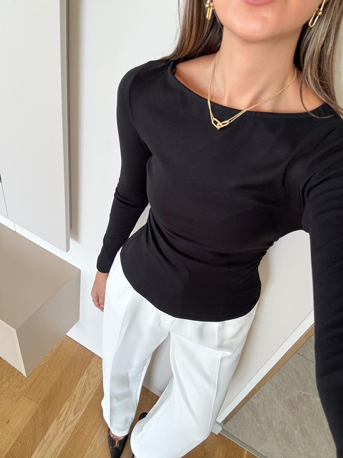 Dilvin Kayık Yaka Drapeli Basic - Siyah
