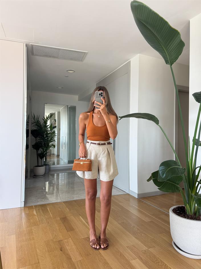 Dilvin Kemerli Yüksek Bel Keten Şort - Taş