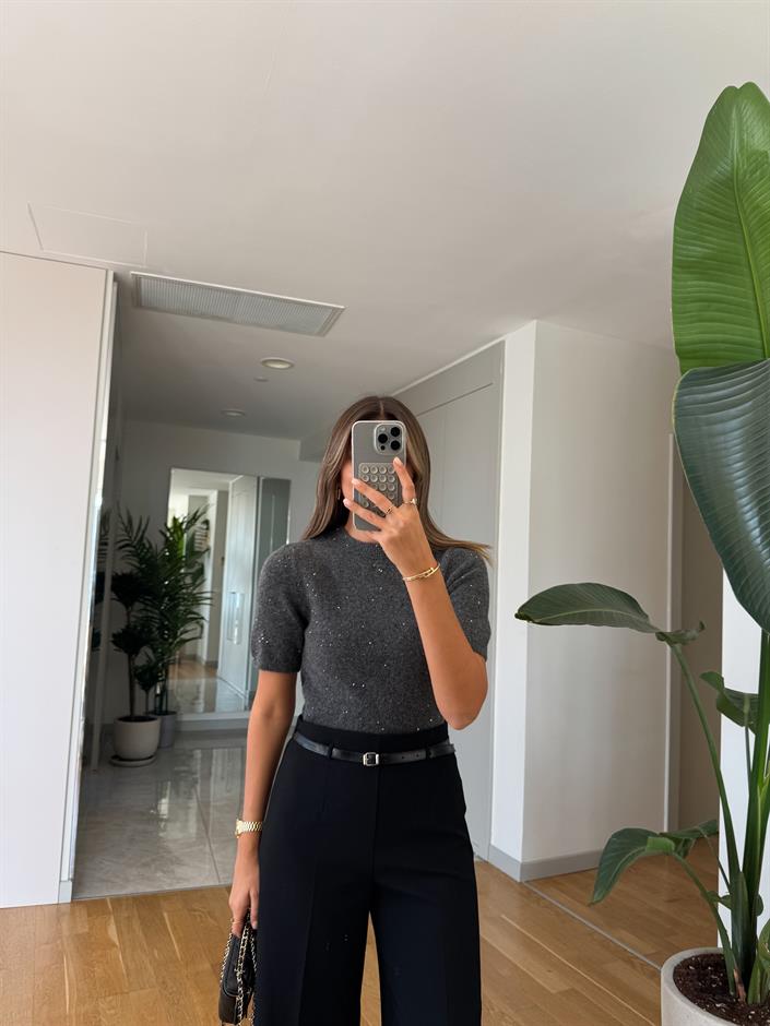 Dilvin Kısa Kollu Pullu Kazak - Antrasit