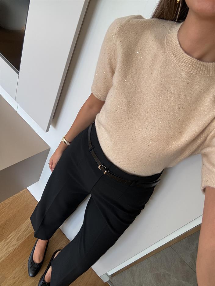 Dilvin Kısa Kollu Pullu Kazak - Bej