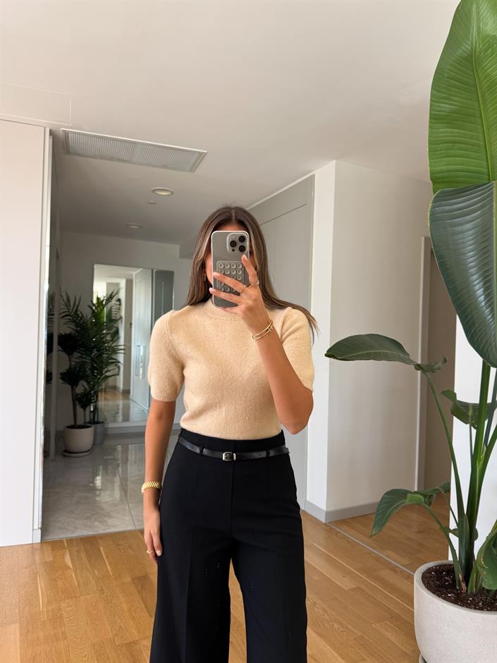 Dilvin Kısa Kollu Pullu Kazak - Bej