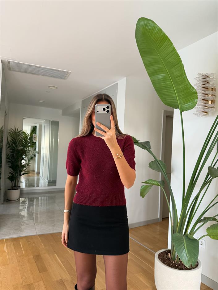 Dilvin Kısa Kollu Pullu Kazak - Bordo 