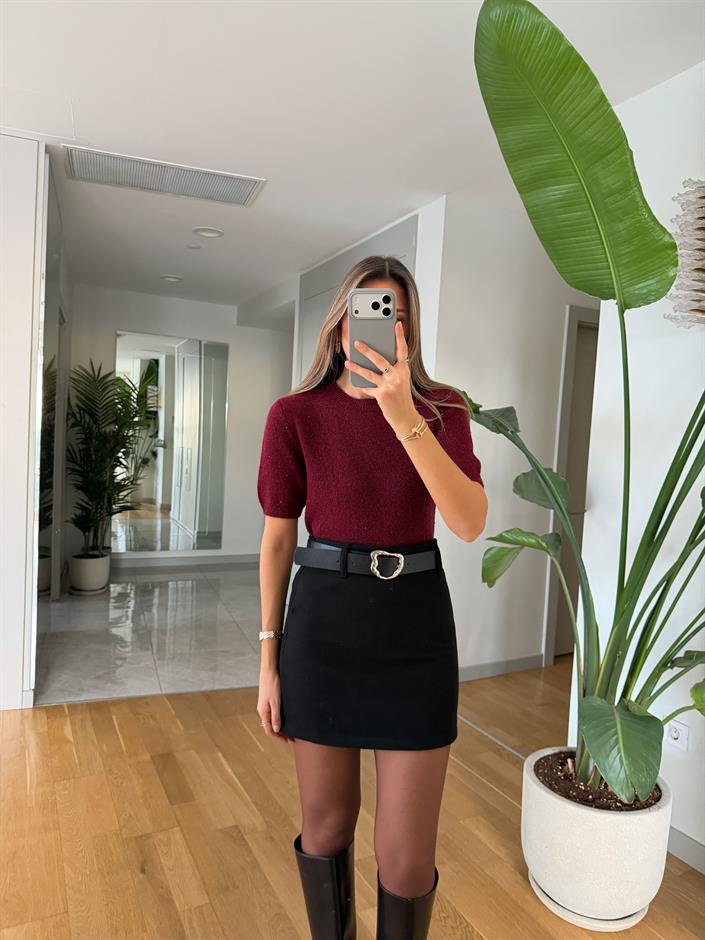 Dilvin Kısa Kollu Pullu Kazak - Bordo 