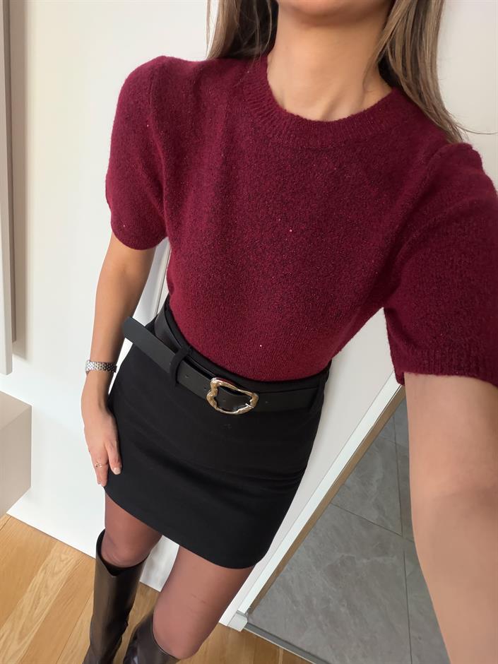 Dilvin Kısa Kollu Pullu Kazak - Bordo 