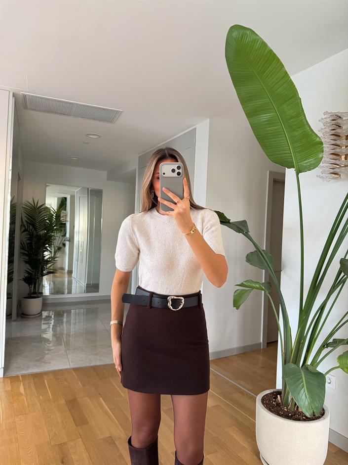 Dilvin Kısa Kollu Pullu Kazak - Ekru