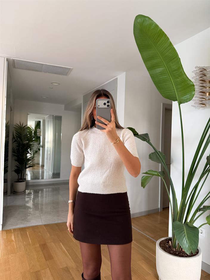 Dilvin Kısa Kollu Pullu Kazak - Ekru