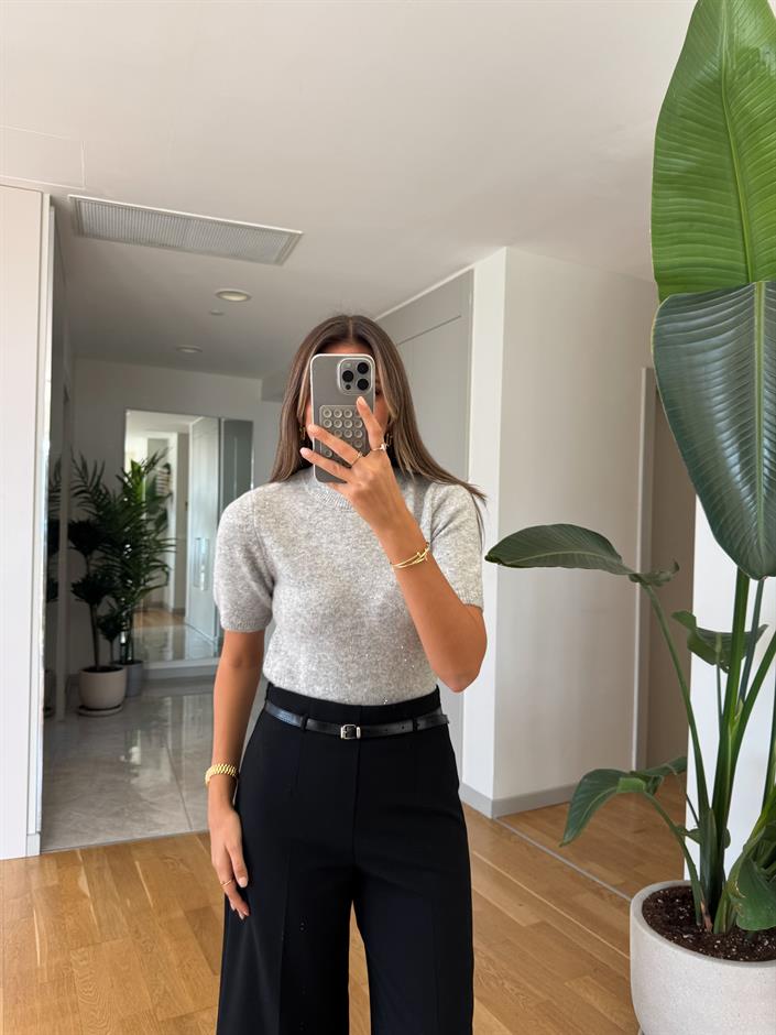 Dilvin Kısa Kollu Pullu Kazak - Gri