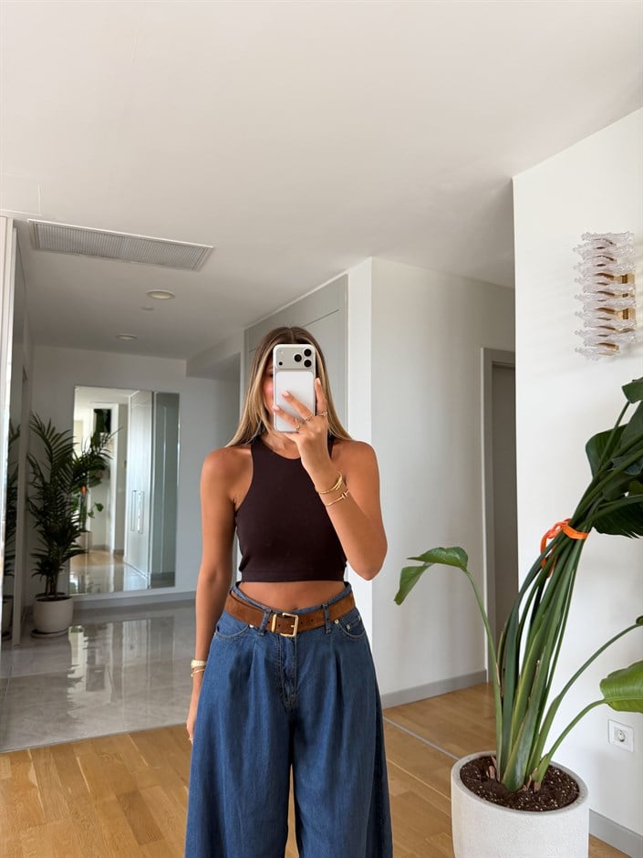 Dilvin Kolsuz Crop Top - Koyu Kahve