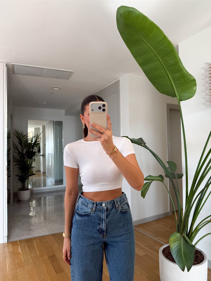 Dilvin Modal Crop Tişört - Beyaz