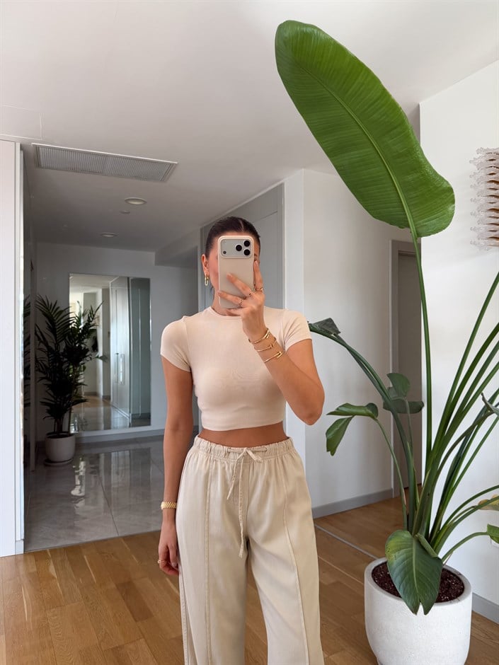 Dilvin Modal Crop Tişört - Taş 