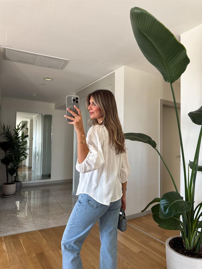 Dilvin Nervür Detaylı Balon Kol Gömlek - Ekru