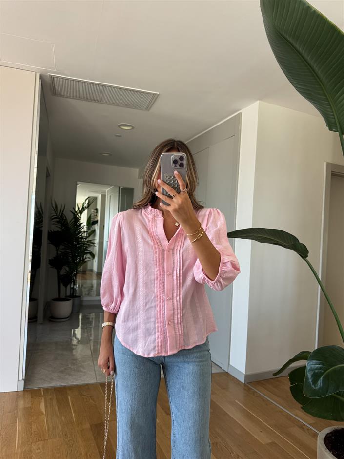 Dilvin Nervür Detaylı Balon Kol Gömlek - Pembe 