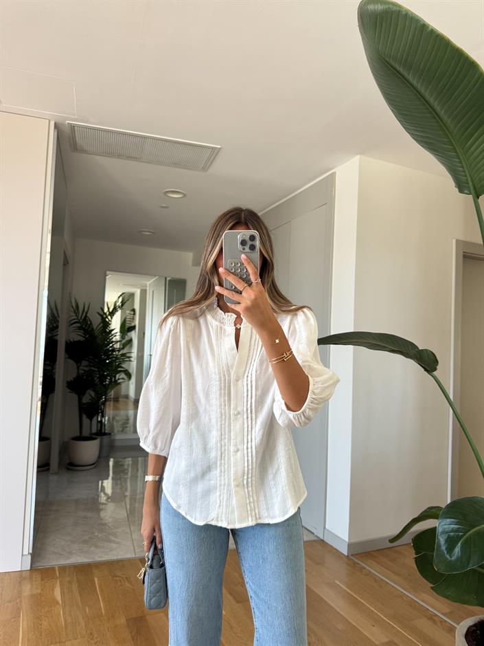 Dilvin Nervür Detaylı Balon Kol Gömlek - Ekru