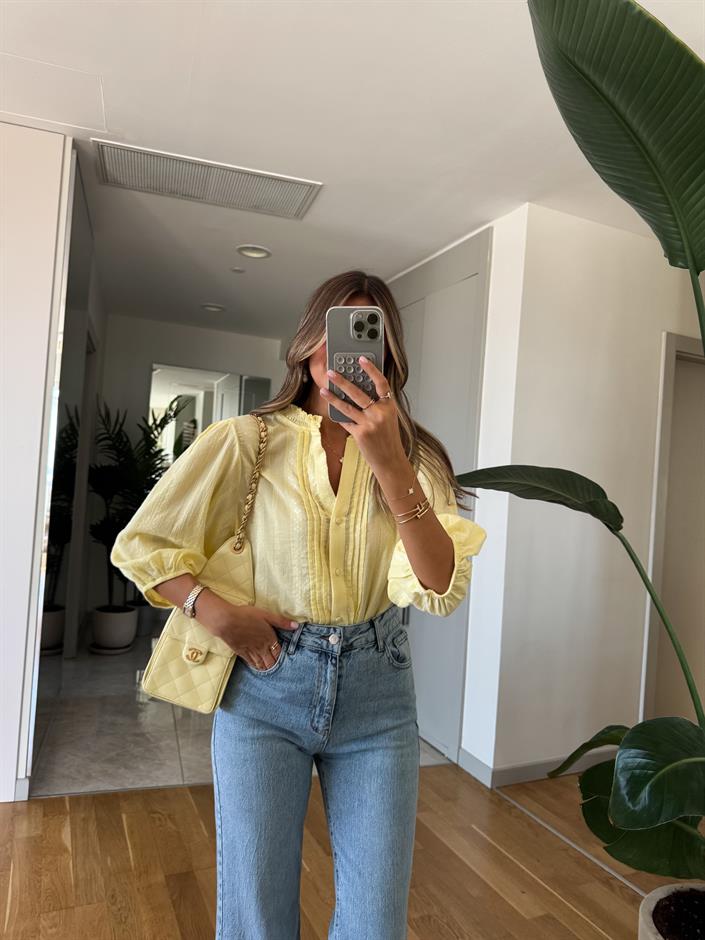 Dilvin Nervür Detaylı Balon Kol Gömlek - Sarı 