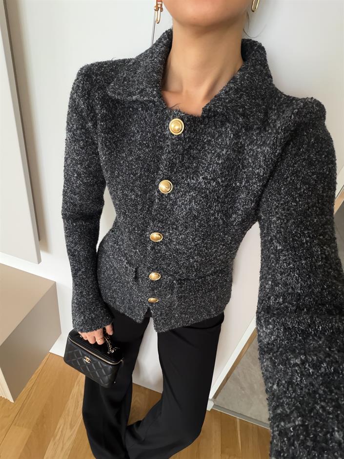 Dilvin Polo Yakalı Cepli Triko Hırka - Antrasit