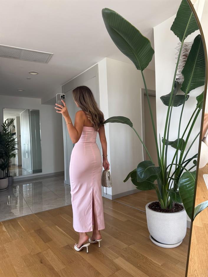 Dilvin Straplez Midi Elbise -Pembe